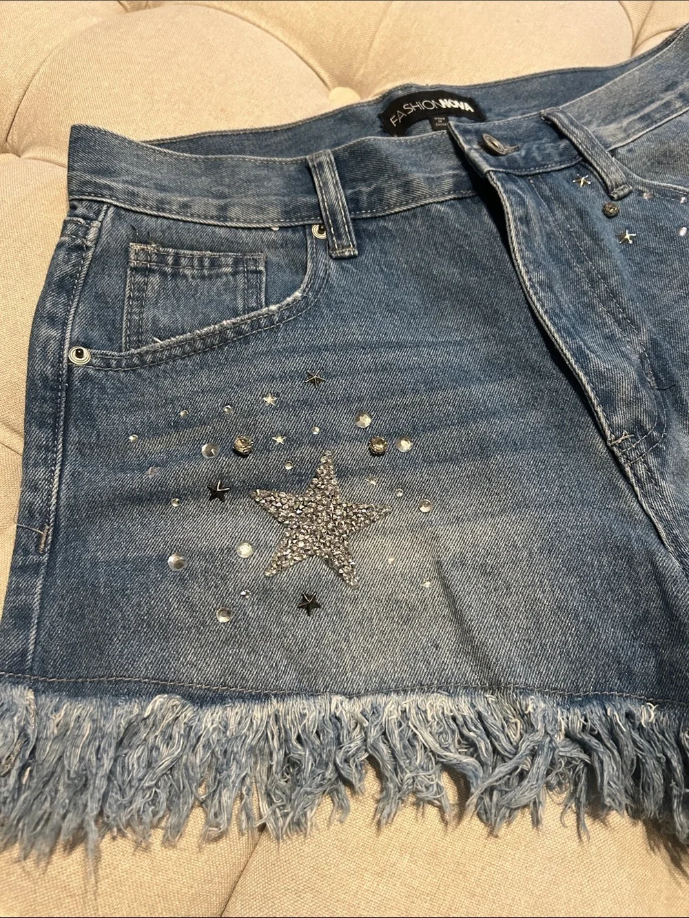 Fashion Nova Dark Blue Denim Star Studded Frayed Hem Shorts